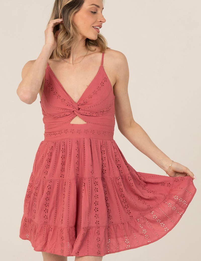 C4143-EM08 EYELET EMBROIDERED V NECK TWIST FRONT DRESS