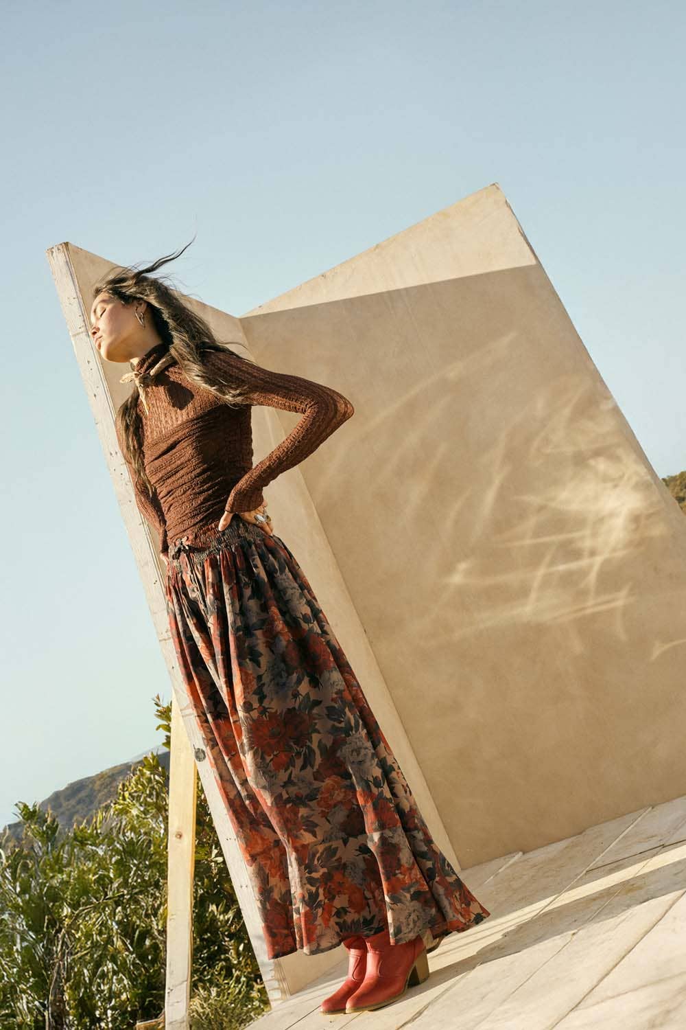 Floral-Print Drawstring Button-Front Maxi Skirt