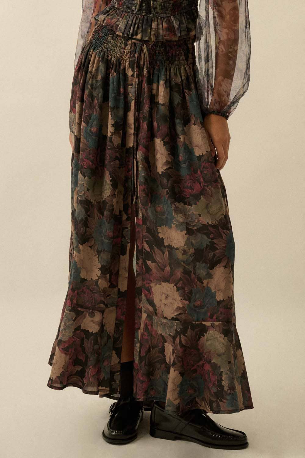 Floral-Print Drawstring Button-Front Maxi Skirt