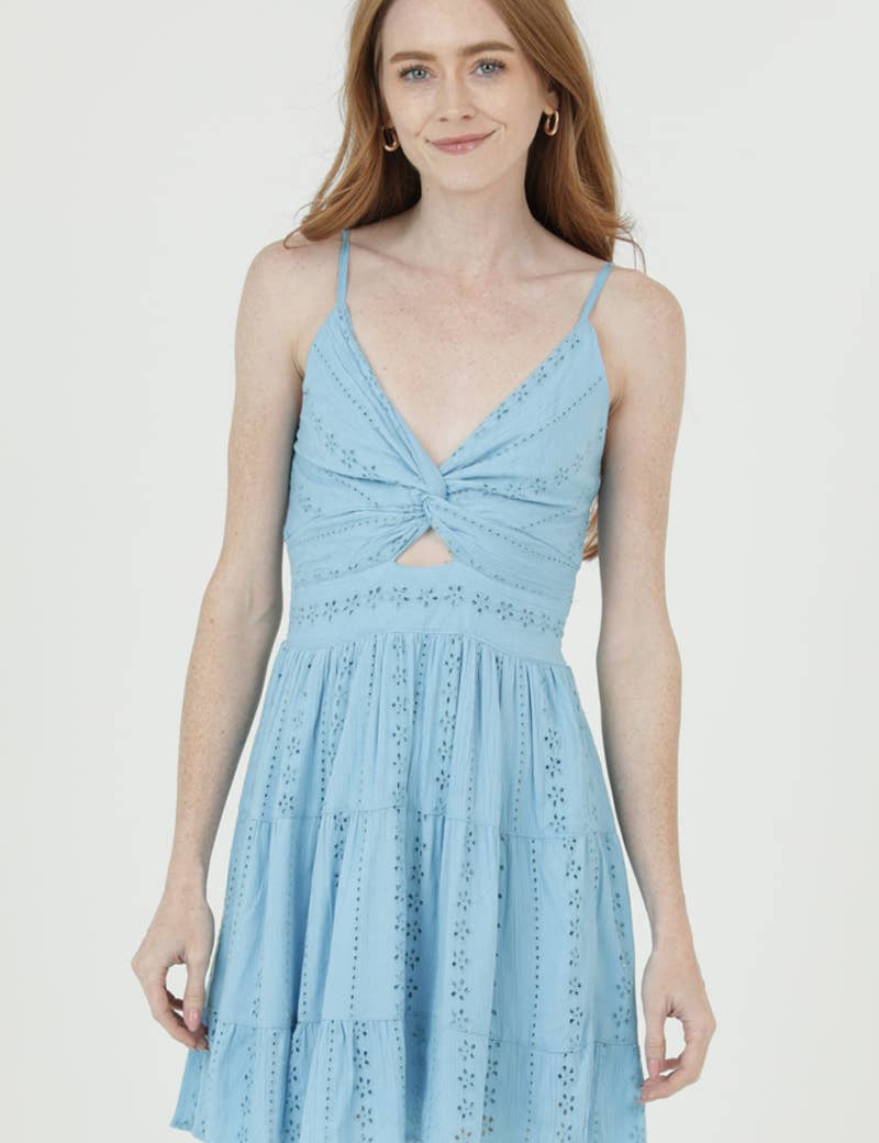 C4143-EM08 EYELET EMBROIDERED V NECK TWIST FRONT DRESS