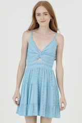 C4143-EM08 EYELET EMBROIDERED V NECK TWIST FRONT DRESS
