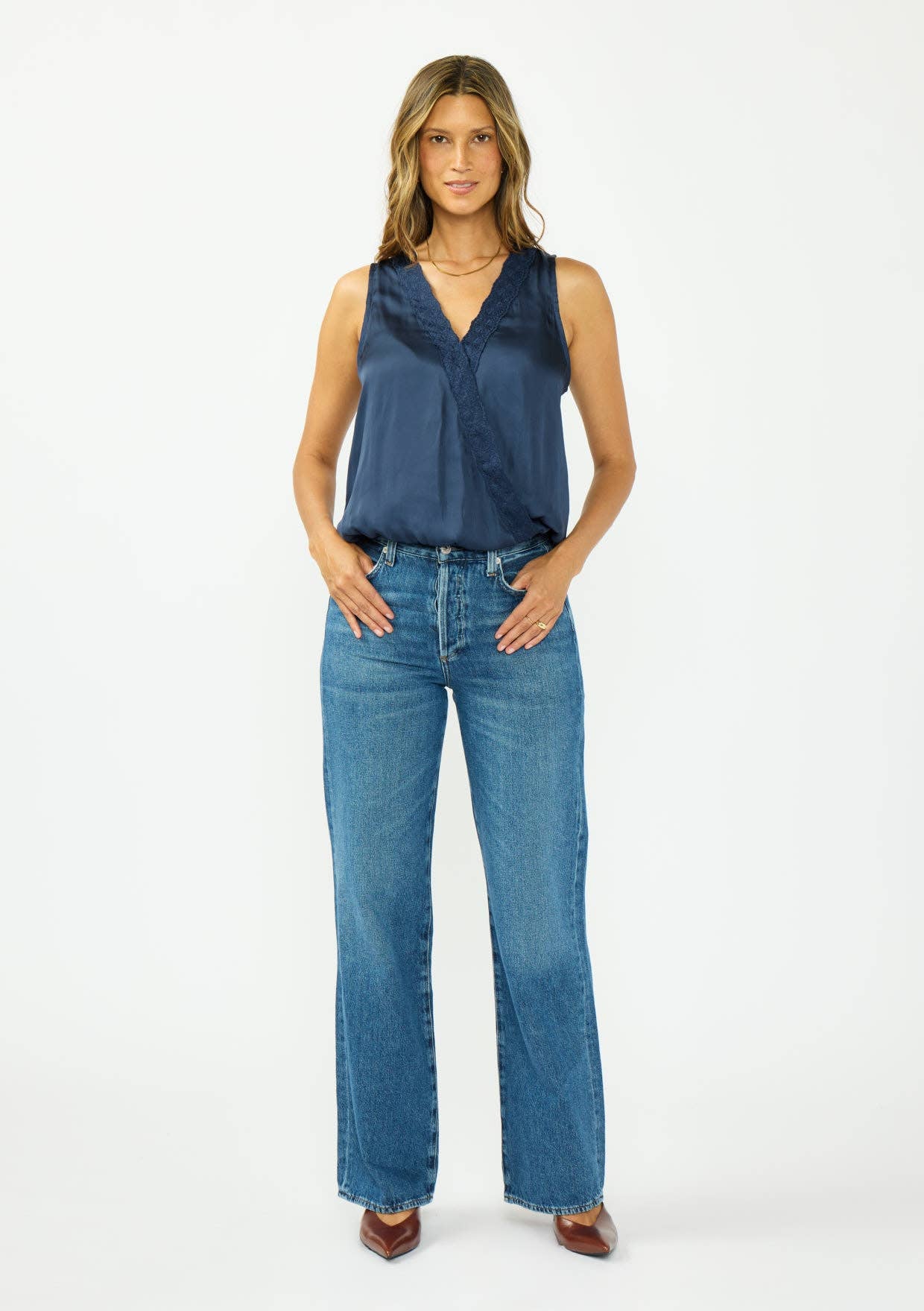 Romy Embroidered Satin Surplice Top