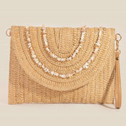Shell Beaded Accent Paper Woven Envelope Clutch Bag