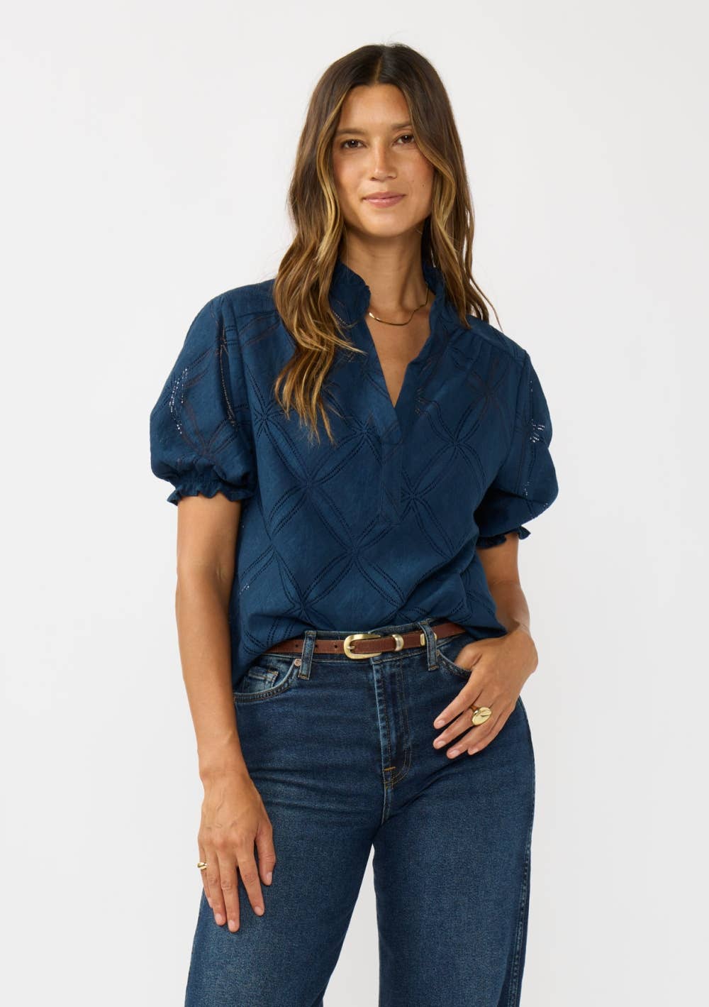Puff Sleeve Split Neck Lace Top