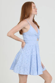 C4143-EM08 EYELET EMBROIDERED V NECK TWIST FRONT DRESS