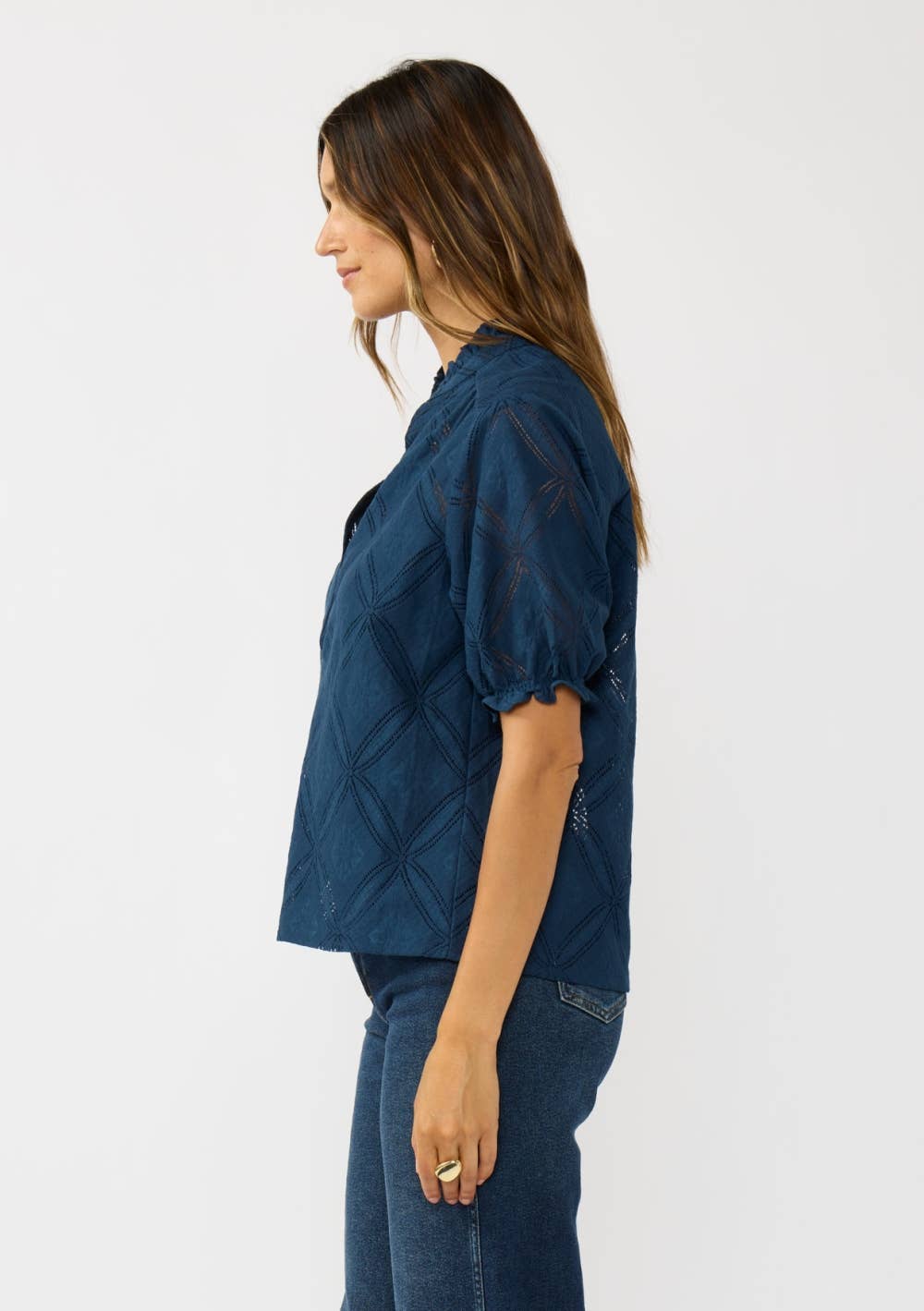Puff Sleeve Split Neck Lace Top