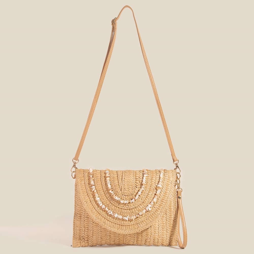 Shell Beaded Accent Paper Woven Envelope Clutch Bag