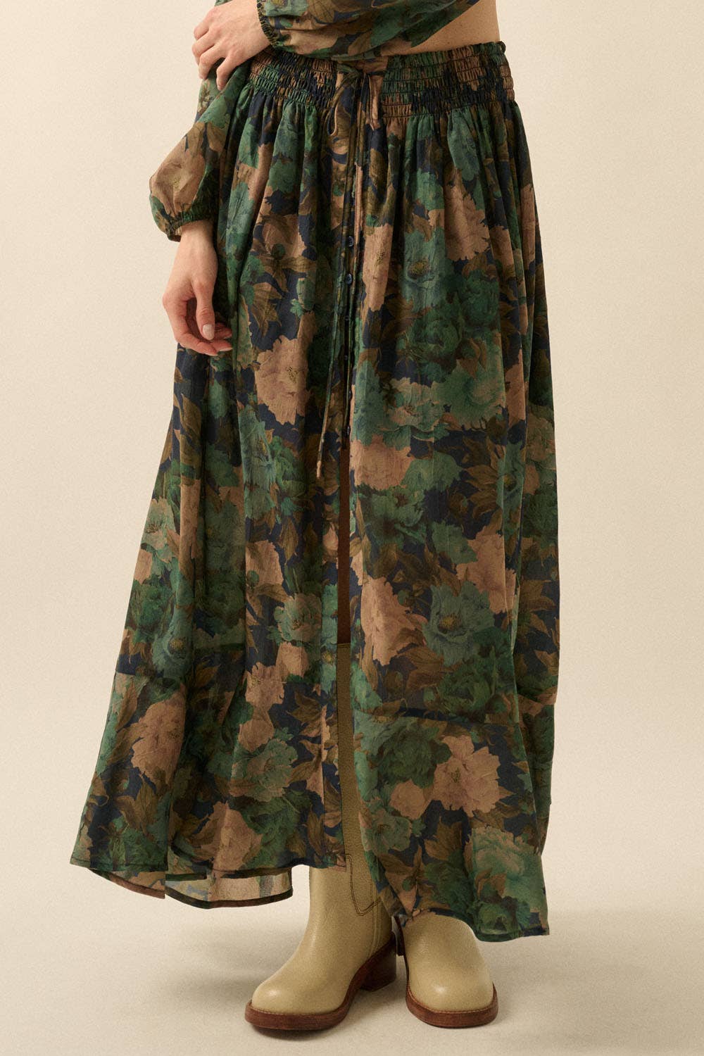 Floral-Print Drawstring Button-Front Maxi Skirt