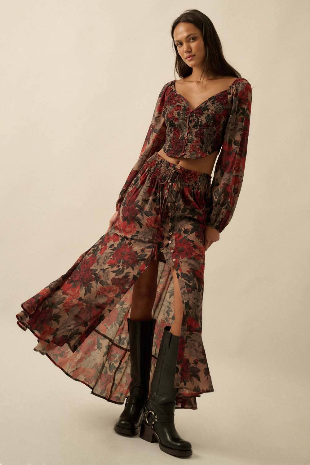 Floral-Print Drawstring Button-Front Maxi Skirt