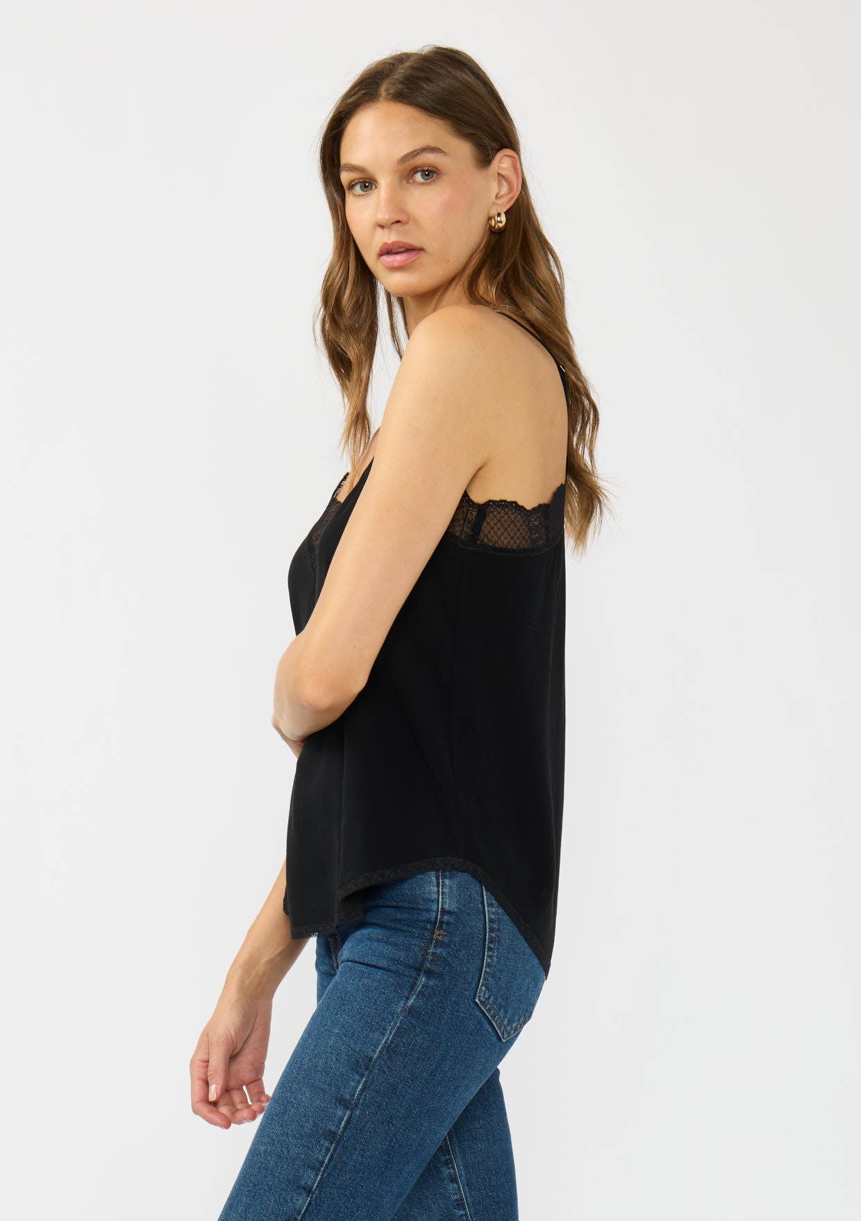 Linen Blend Spaghetti Strap Lace Trim Cami