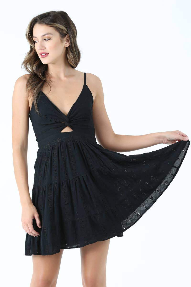 C4143-EM08 EYELET EMBROIDERED V NECK TWIST FRONT DRESS