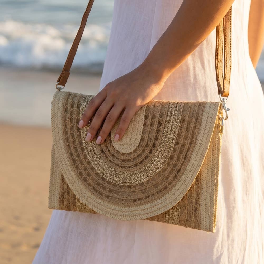 Arched Woven Straw Envelope Clutch