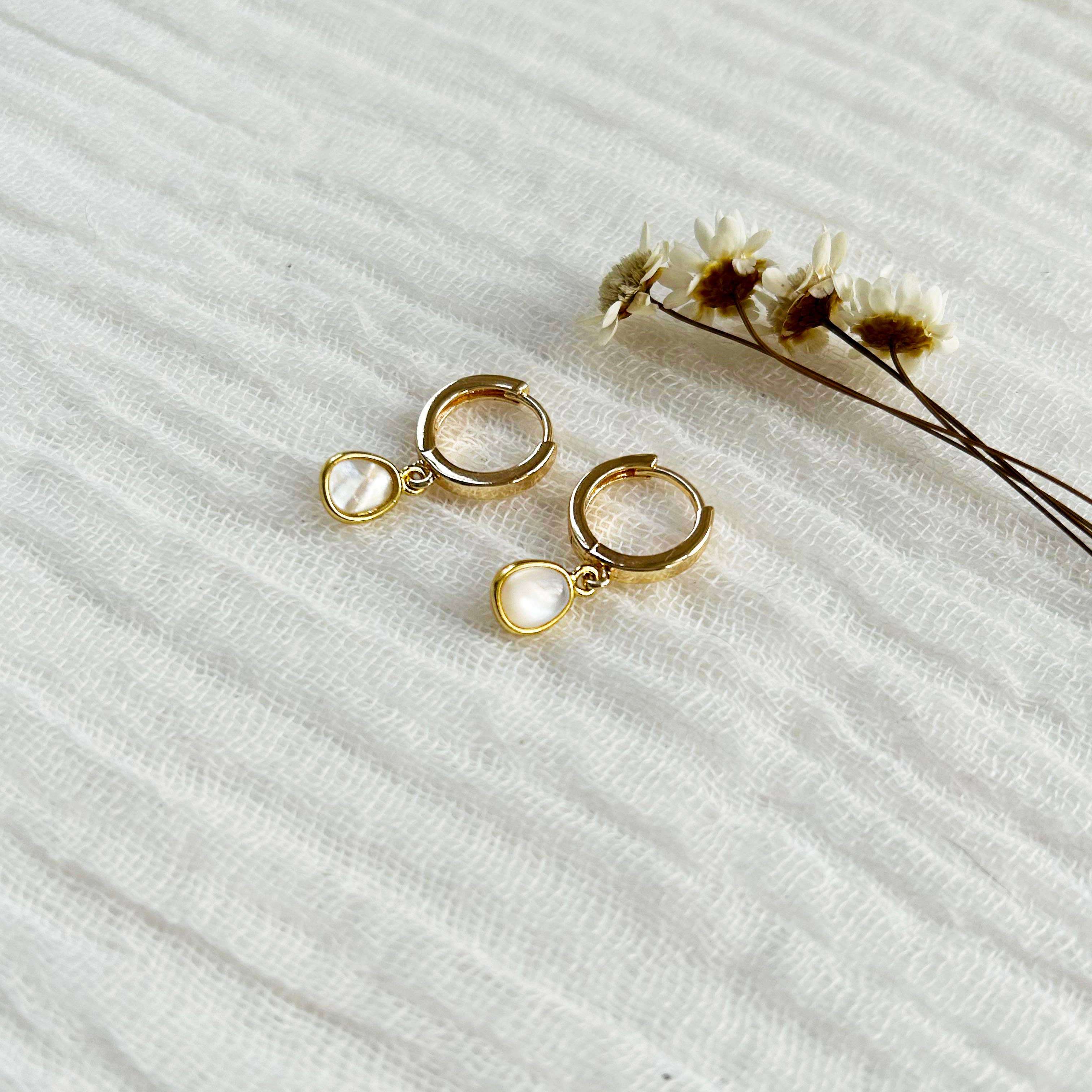 Mother of Pearl Charm Gold Huggie Hoops