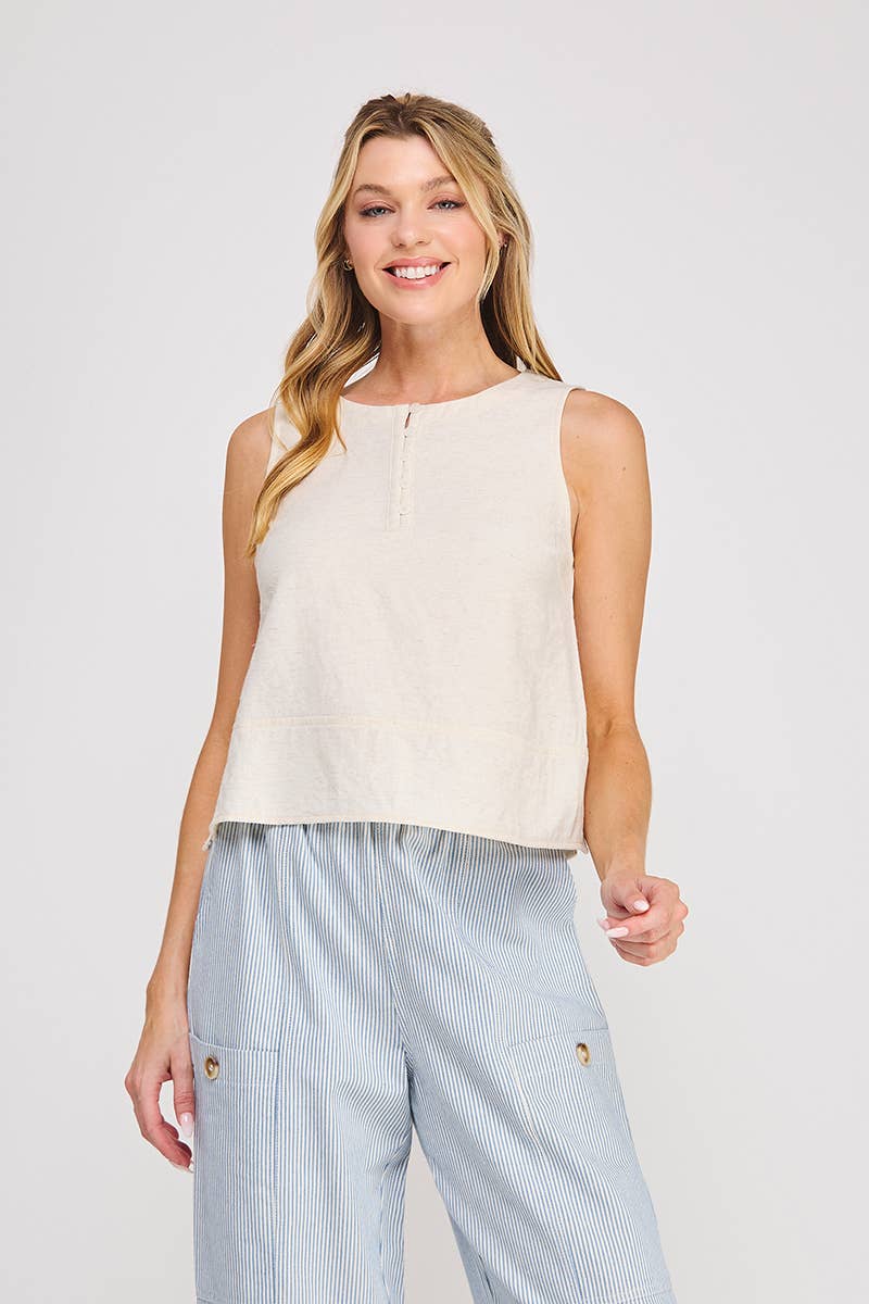 Button Collar Textured Linen Tank