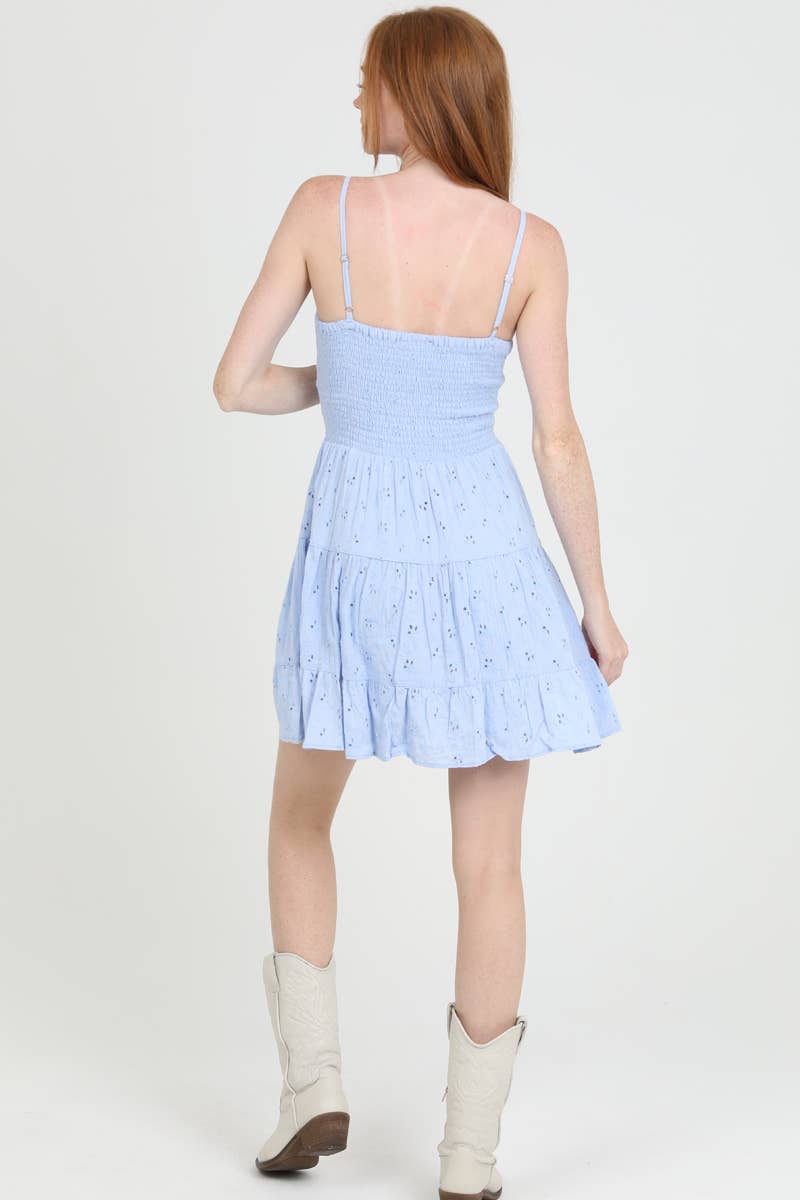 C4143-EM08 EYELET EMBROIDERED V NECK TWIST FRONT DRESS