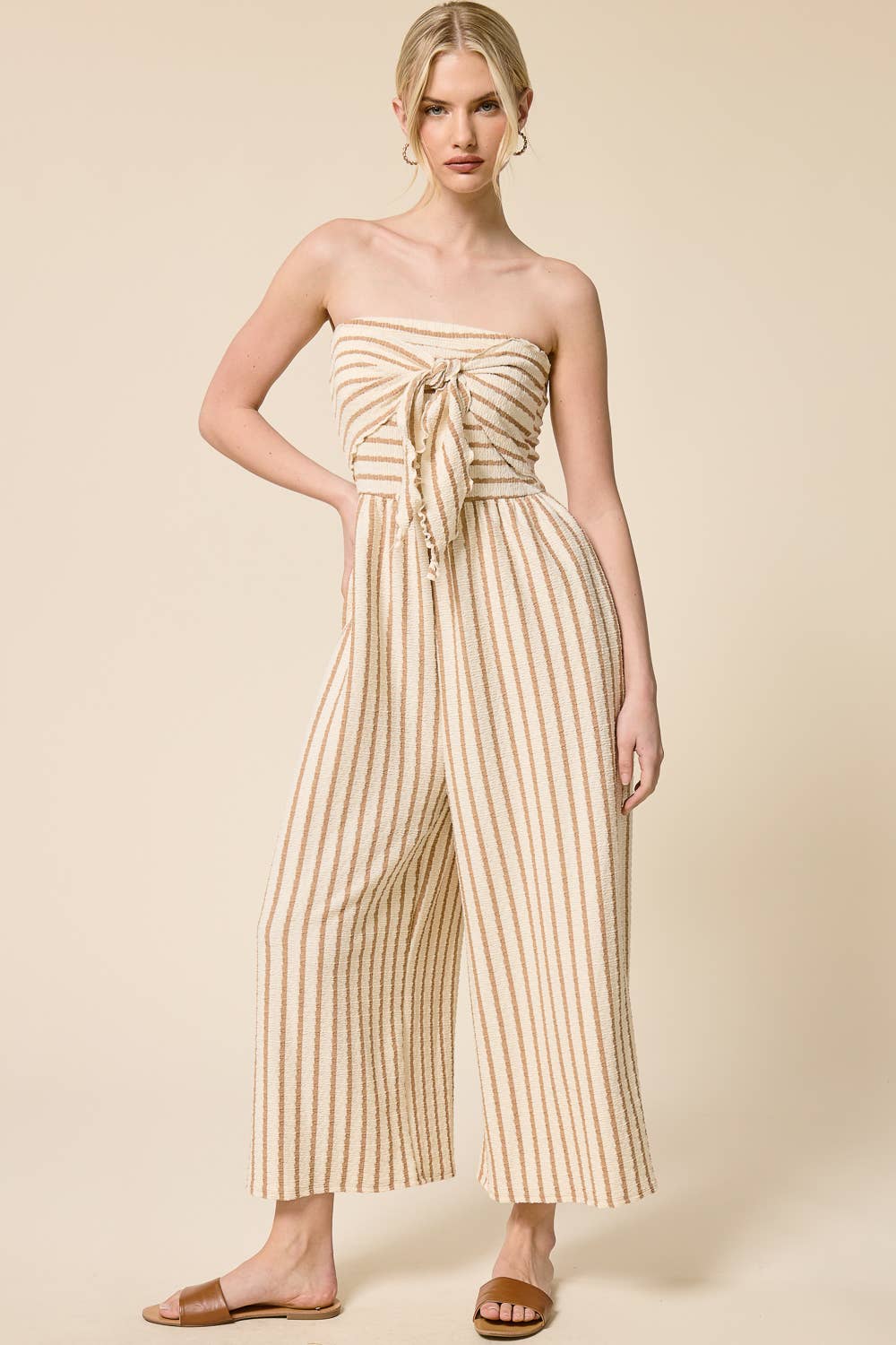 Striped Coastal Tie-Front Strapless Jumpsuit