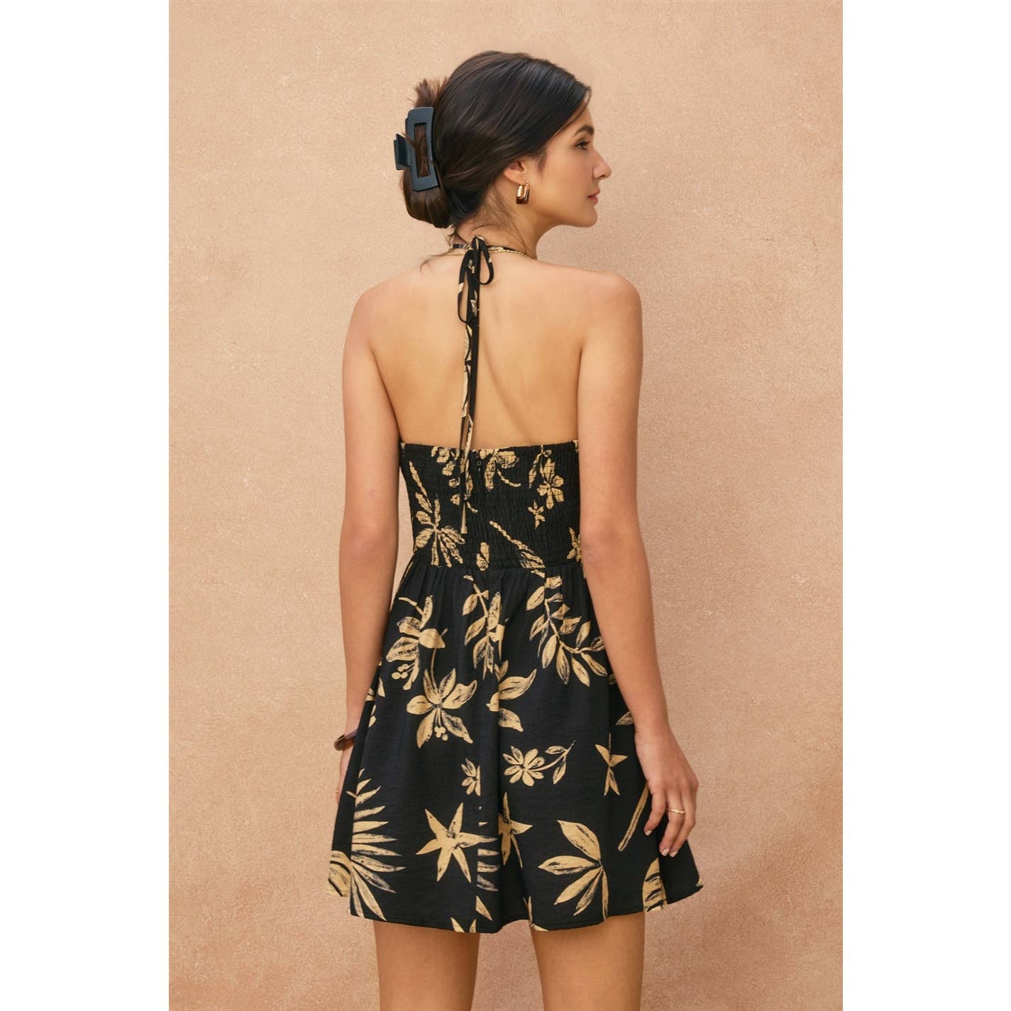 Tropical Leaf Ruched Halter Mini Dress