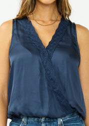 Romy Embroidered Satin Surplice Top
