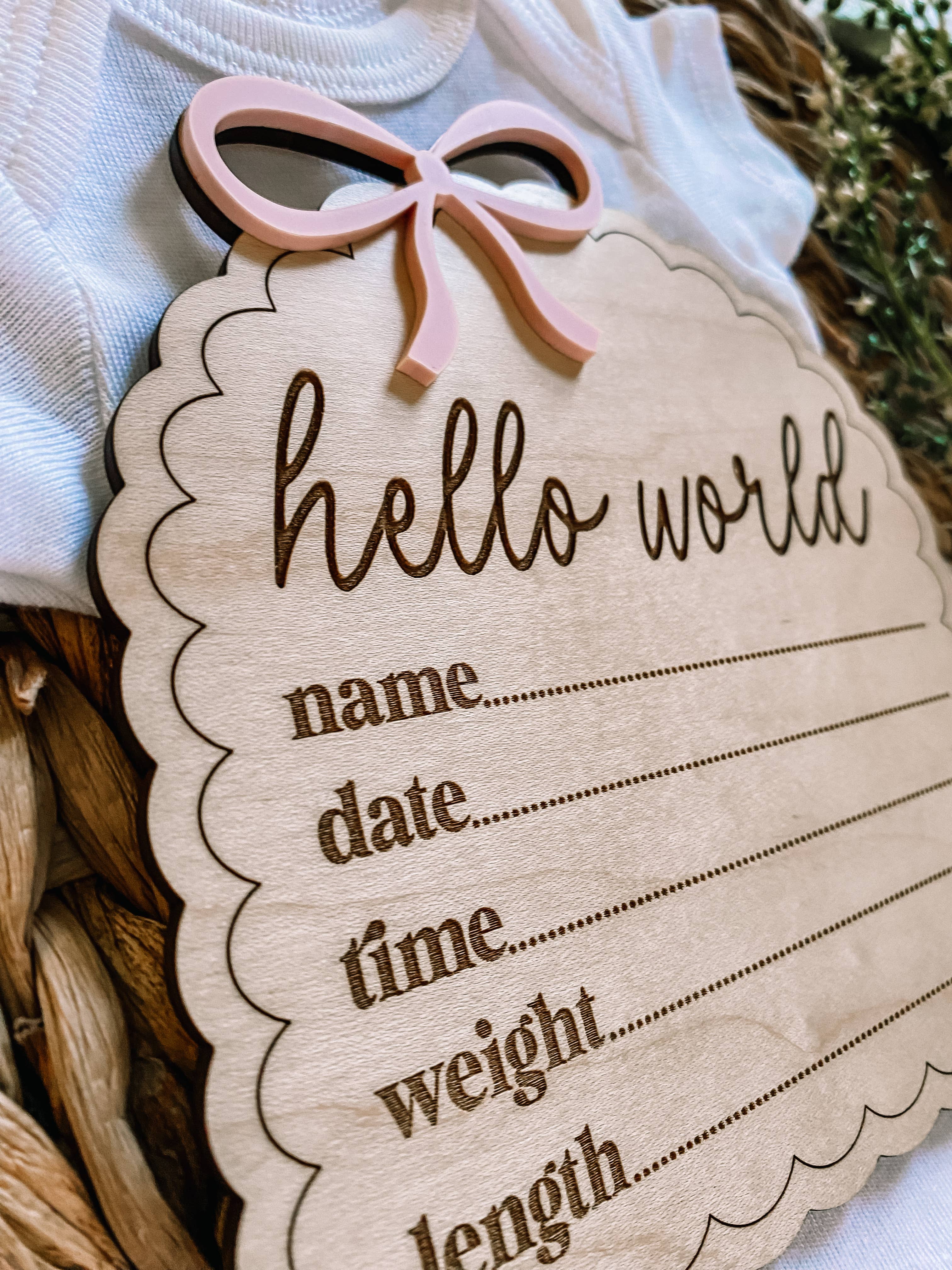 Hello World Birth Stat Sign - Dainty Bow