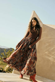 Floral-Print Drawstring Button-Front Maxi Skirt